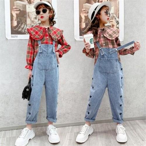 Girls Set Spring Shirt Blouse + Jumpsuit Teen Kids Clothing Children Overalls Rompers 2Pcs Suit For 8 9 12 13 14 16 Years
