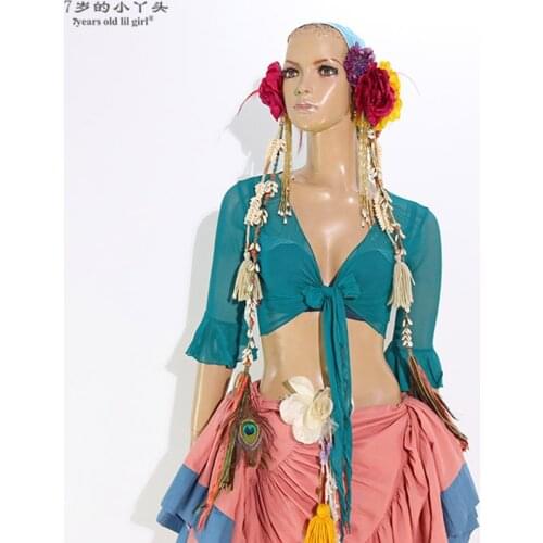 7years Old Lil Girl 2021Mesh Belly Dance Top Momen Long Sleeves Flare Blouse BXX07 11