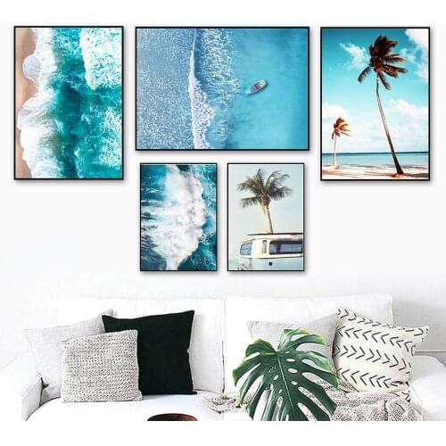 Nordic Poster Sea Beach Canvas Painting Palm Tree Wall Art Print Bus Modern Picture For Living Room On The Wall Home Decor