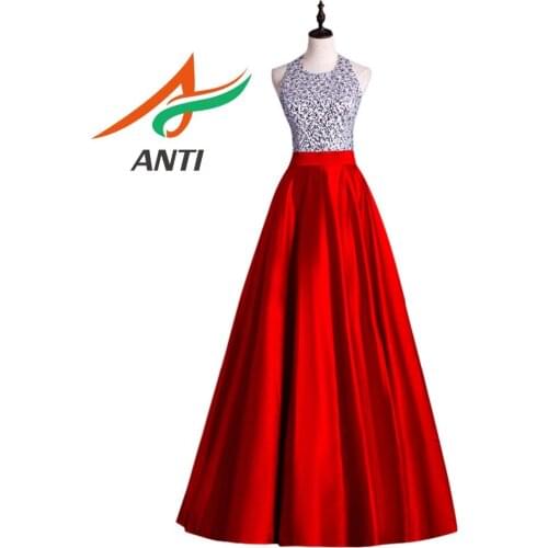 ANTI Elegant O-Neck Sleeveless Evening Dress 2018 A-Line Backless Crystal Prom Party Dresses Robe De Soiree With Floor-Length