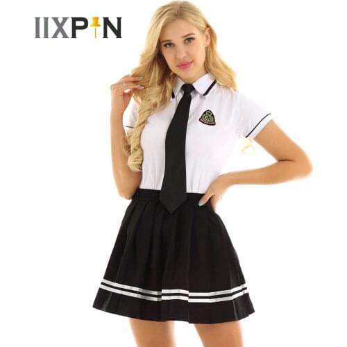 Womens Adutls Japanese Schoolgirl Cosplay Uniform Femme Sexy Costume Top with Plaid Pleated Mini Skirt Tie for Dance Clubwear