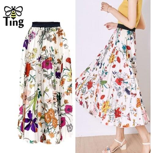 Tingfly Classic Casual Elastic Waist Pleated Midi Skirts Women Retro Elegant 4 Seasons Floral Print Pleated Skirt Saia Bottoms