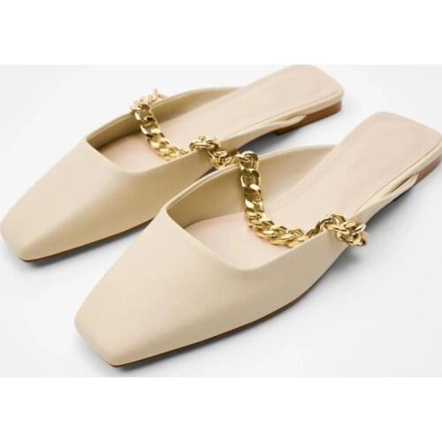 ZAR 2021 Summer New Beige Fashion Square Toe Flat Sandals Sexy Metal Chain Outer Wear Muller Sandals And Slippers Women Luxury