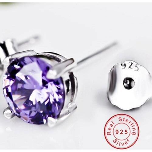BeBe Kitty New 4 Claws 925 Sterling Silver 6MM Purple Clear Stone Stud Earrings Simple High Quality Fine Crystal Women Earring
