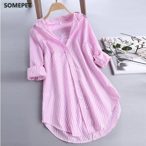Womens Tops And Blouses Fashion Long Sleeve Woman Casual Button Up Pullover Shirts Striped Top Plus Size Tunic Blouse