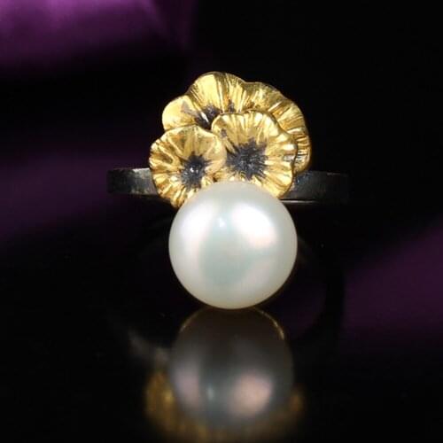 Women Unique Design Pearl Ring, 925 Silver Gold Plated Flower Design Handmade Pearl Ring