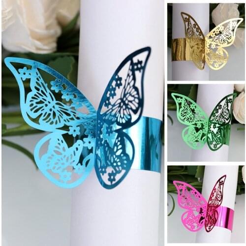 100pcs Creative Hollow Butterfly Napkin Ring Buckle Reflective Gold Paper Wedding Party Towel Decoration Wholesale