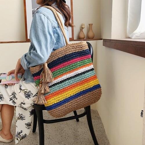 2020 Bohemia Colorful Hand-weave Straw Rattan Handbags Women Spring Summer New Fashion Big capacity Beach Tassel Tote Bags bolsa