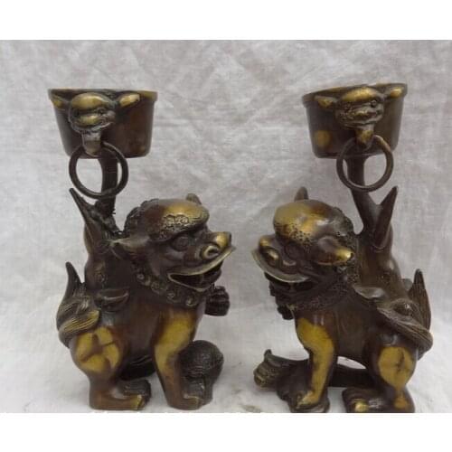 Bi001728 8" Chinese Bronze FengShui BiXie Lion PiXiu Ball Statue Up Candle Stick Pair