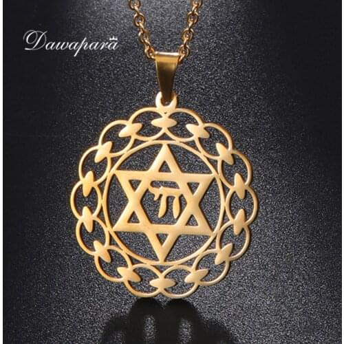 Dawapara Chai Hebrew Word Charm Necklaces Jewish Star of David Hollow Pendants Stainless Steel Judaica Jewelry