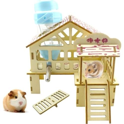Hamster Hideout Wooden Hut Small Animals Double Layer Villa Rat Room House Cage U90A