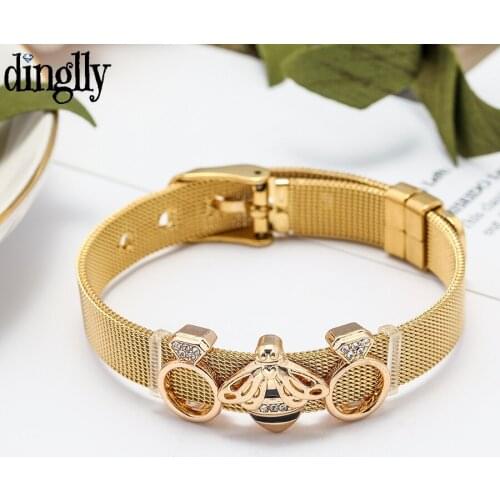 Dinglly 10mm Shiny Queen Bee Charm Stainless Steel Mesh Bracelets For Women Girls Original Beaded Adjustable Bracelet Gift