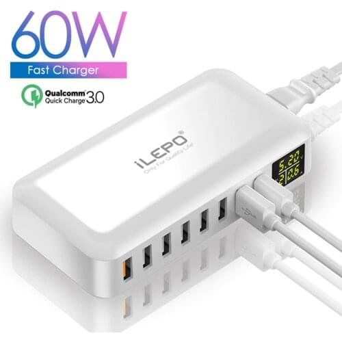 ILEPO 60W 8 Port USB Fast Charger QC3.0 HUB Smart Quick Charge LED Display Multi USB Charging Station Mobile Phone Desktop Home