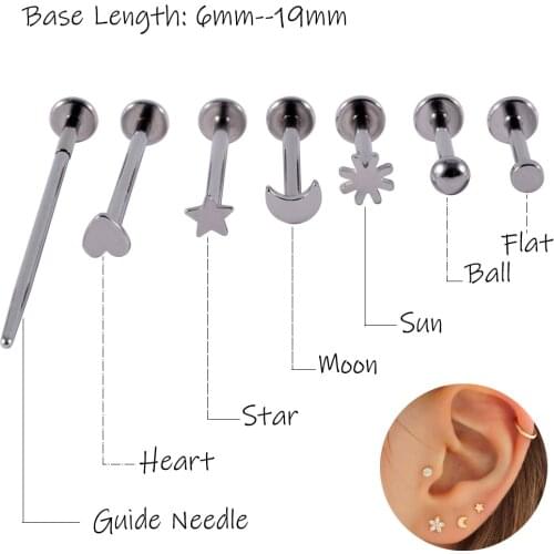 1PC 316L Surgical Steel Heart Ball Moon Labrets Stud Ring Ear Tragus Cartilage Ball Cheek Piercing Body Piercing Jewelry