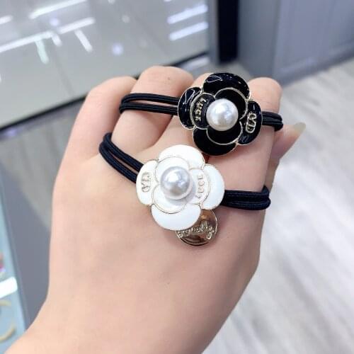 Camellia Hair Rope Hairbands Big Pearl Hair Ties Meatball Head Ponytail White Black Flowers Hair Accessories Headbands For Women