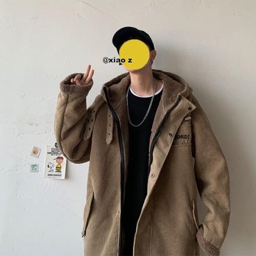 Mens Corduroy Loose Thick Parkas Coat Hooded Casual Fleece Lining Male Outwear M22