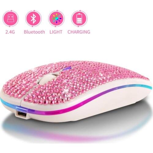 Rechargeable Wireless Mouse Bluetooth Computer Dual Mode Mause USB Silent Pink Crystal Mice With RGB Light for Mac Laptop Girl