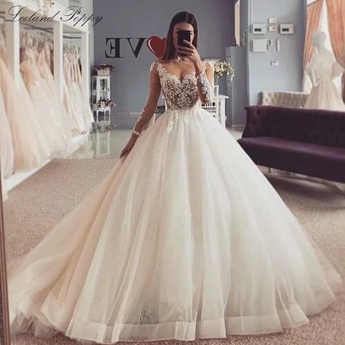 Lceland Poppy Elegant A-line Shiny Wedding Dresses 2020 Illusion Full Sleeves Lace Appliques Vestido de novia Bridal Dress