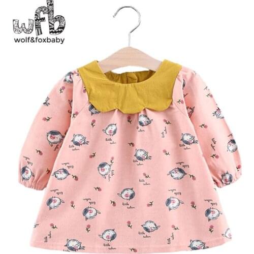 Retail 0-3 years childrens girls long-sleeves cute bird print dress spring fall autumn