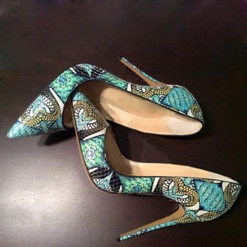 Sexy Green Classic Printing Leather Pumps asakuchi Single Party Pointy toe Woman Stiletto Slip on Spring Ladies High Heel Shoes