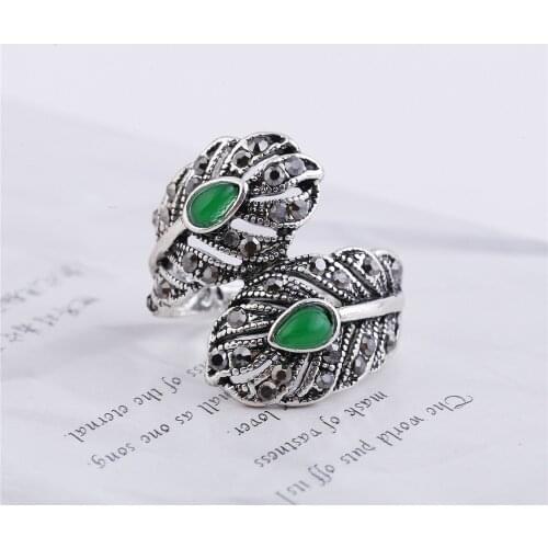 Vintage Female Green Jade Big Ring Unique Silver Filled Engagement Ring Luxury Black Crystal Leaf Wedding Rings For Women