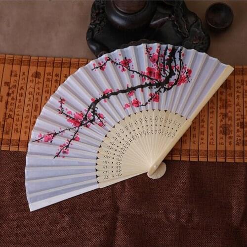 Vintage Bamboo Folding Hand Held Flower Fan Chinese Dance Party Pocket Gifts Chinese Style Ink Painting Plum Fan White 2021 New