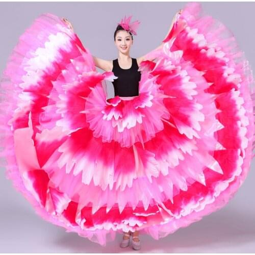 Flamenco Skirts Ladies Ballroom Dancing Rose Red Long Flower Skirt Spain Dancer Clothes Women Spanish Outfit 360 540 720 DN3587