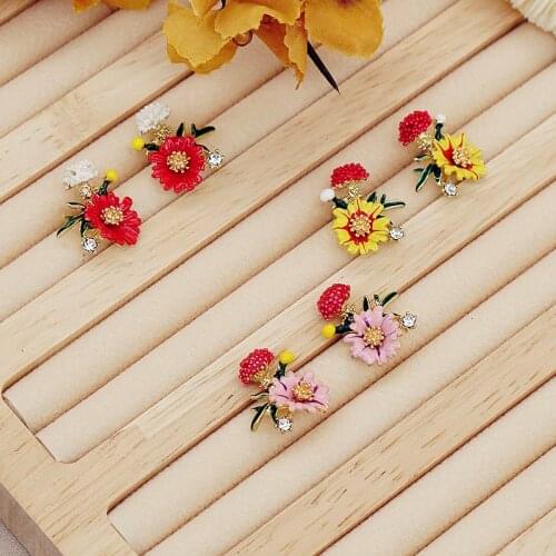 Minar Gradient Color Bling Bling Rhinestone Earring Jewelry Pendiente Temperament Purple Enamel Flower Dangle Earring for Women