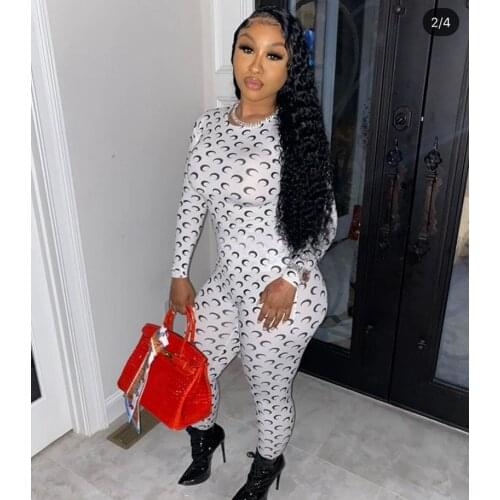 STYLISH LADY Moon Printed Rompers and Jumpsuits 2021 Spring Women Long Sleeve O Neck Bodycon Club Party Elastic Elegant Overalls