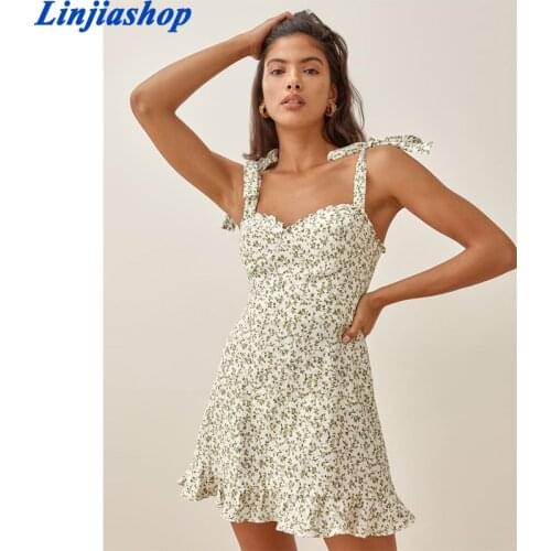 Green floral print sundress women square neck vintage summer mini dress back zipper french vocation split sexy short party dress