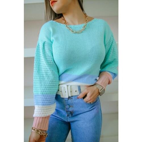 Striped Contrasting Cuffs Design Loose Top Women Elegant Knitted Sweater Flared Sleeves Blouse Green Casual Oversized Clothing