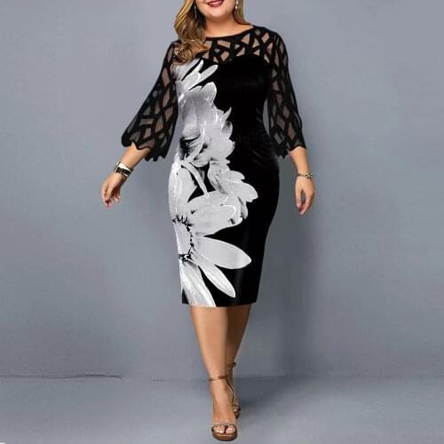 4XL 5XL Plus Size Dress Women 2021 Summer Lace Hollow Out Three Quarter Sleeve Floral Print Bodycon Dress Ladies Office Dresses