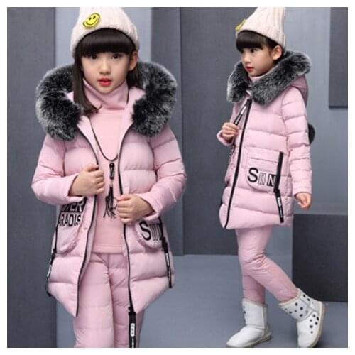 Winter Warm Girls Clothing Sets Faux Fur Hood Warm Jacket+Patchwork Sleeve Sweater+Pants 3 Pieces Set Kids Girls Outfits 5-13T