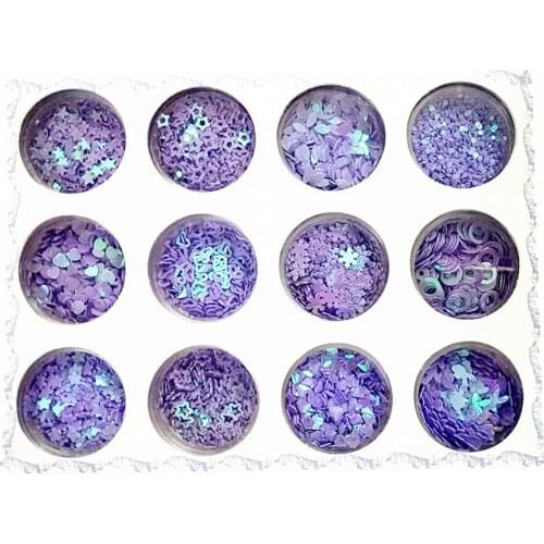 12 Boxs Shimmer Glitter Powder Sequins Purple Tips Nail Art Design Nails Love Star Petal Paillette Flakes Decor Accessories