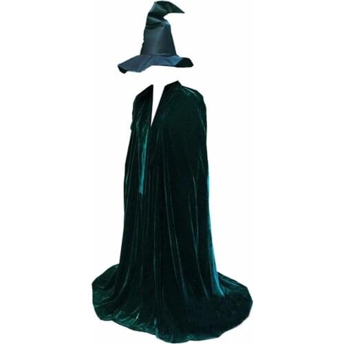 2018 Minerva McGonagall Dress Cosplay Costume Dark Green Cloak Trench Coat Outfits New With Hat