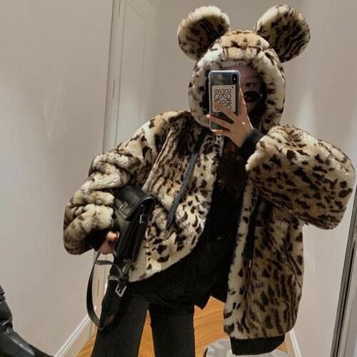 2020 Warm Fur Coat In Winter Lovely Girl Leopard Print Fur Coat Rabbit Ears Vintage Warm Hooded Faux Fur Coats Thick Outwears