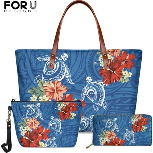 FORUDESIGNS 3psc/set Women Handbag Long PU Leather Wallet Hawaii Turtle Polynesian Tribal Hibiscus Print Luxury Ladies Tote BagS