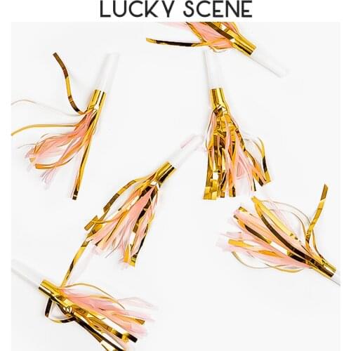 6Pcs Glitter Metallic Fringed Noise Maker Musical Blow Tassels Little Whistle for Birthday Party Blowers Horn S00224