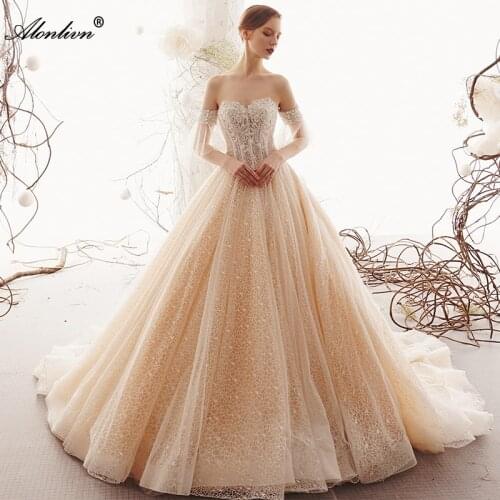 Alonlivn Shinny Lace A Line Wedding Dress With Sweetheart Beading Crystals Lace Up Bridal Skirts Removable Sleeves