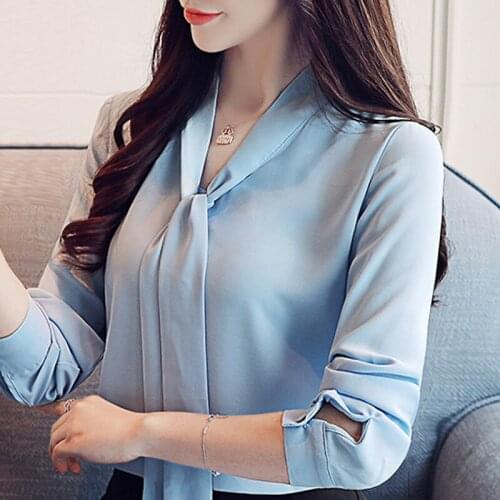 Blusas Mujer De Moda 2021 Blouse Women Long Sleeve Chiffon Blouse Shirt Women Blouses Bow V-neck Office Blouse For Women A975