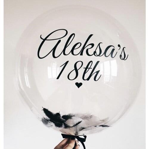 Black White feather bubble balloons with 1pcs custom sticker names 18 21 30 years old women/man birthday helium balls