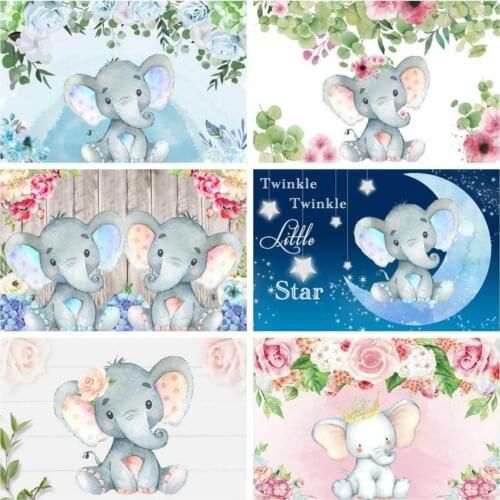 Cartoon Fresh Flowers Elephant Background Girl Birthday Party Decorative Photography Studio Photo Kid Room Ornament Backdrop