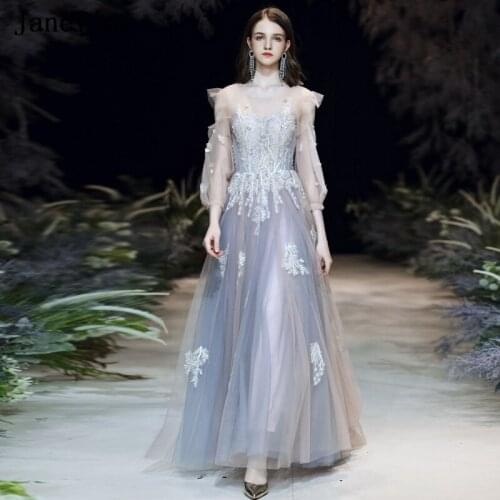 JaneVini Elegant Tulle Prom Dresses Long Sleeves 2020 Scoop Neck Lace Appliques Backless Floor Length Women Plus Size Prom Dress