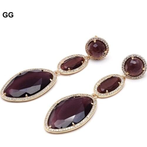 GG Jewelry Purple Cat Eye Cz pave Yellow Gold Color Plated Stud Earrings Classic Rhinestone Geometric Women Dangle Earrings