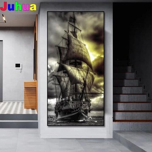 Seascape Black Boat 5D DIY Full Square/Round Diamond Painting Sails In Sea Diamond Embroidery Wall Art Large Handicraft Decor