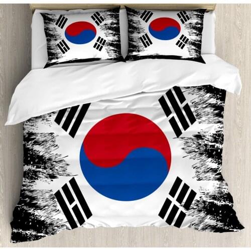 Korean Flag Duvet Cover Set Illustration of Country 3 Piece Bedding Set Charcoal Grey Dark Pink Cobalt Blue White