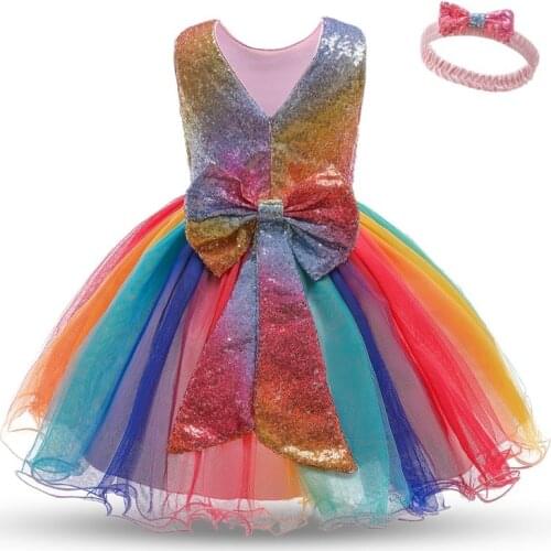 Summer Dress For Girls Sequin Rainbow Tutu Wedding Gown 1 2 3 4 5 Year Toddler Kids Baby Pageant Party Toddler Girl Clothes