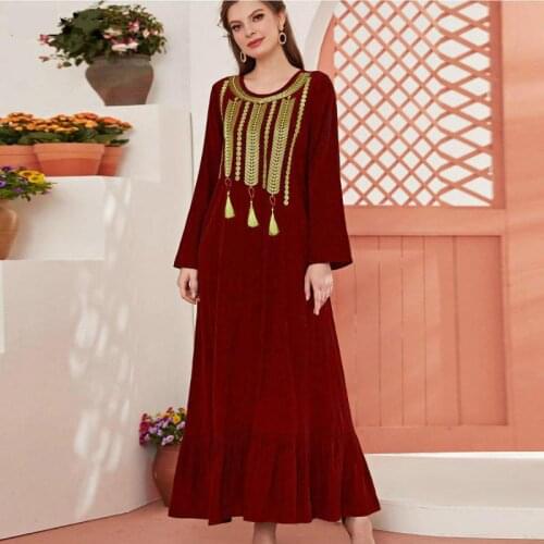 Muslim Fashion Commuter Round Neck Red Solid Color Slim Fit Fringed Gold Embroidered Dress Dubai Robe Moroccan Woman Jellaba