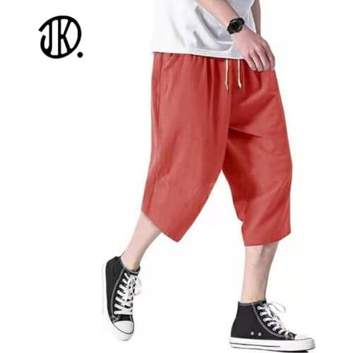 Mens Casual Cropped Pants Solid Color Loose Yoga Pant Cotton Linen Trend Male Shorts 2021 New Pocket Design Fashion Trouser 3XL