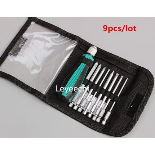 9pcs/lot 9 In 1 Precision Screwdriver Set Screwdrivers Kit Bag 8 Insert Bits & 1pcs Rubber Handle Free Shipping